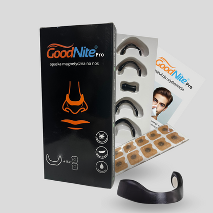 Klips na nos rozszerzacz nosa nasal dilator marki GoodNite Pro czarny, Lepsze łatwiejsze oddychanie przez nos dzięki GoodNite, do spania, na noc, przeciw chrapaniu, do sportu, na lepsze oddychanie, do poprawy oddechu, oryginał, opatentowana w Europie 
