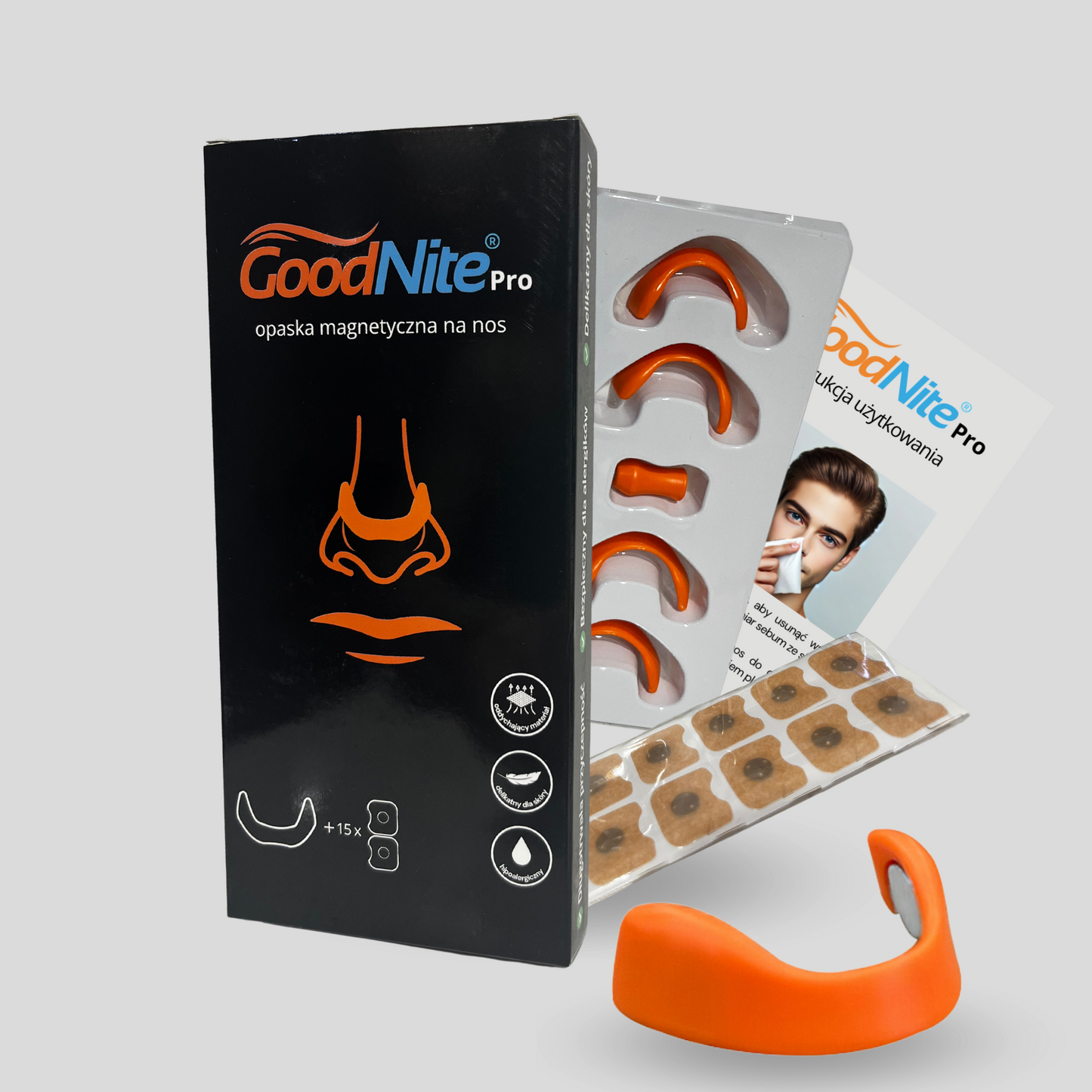 Klips na nos rozszerzacz nosa nasal dilator marki GoodNite Pro pomarańczowy, Lepsze łatwiejsze oddychanie przez nos dzięki GoodNite, do spania, na noc, przeciw chrapaniu, do sportu, na lepsze oddychanie, do poprawy oddechu, oryginał, opatentowana w Europie 